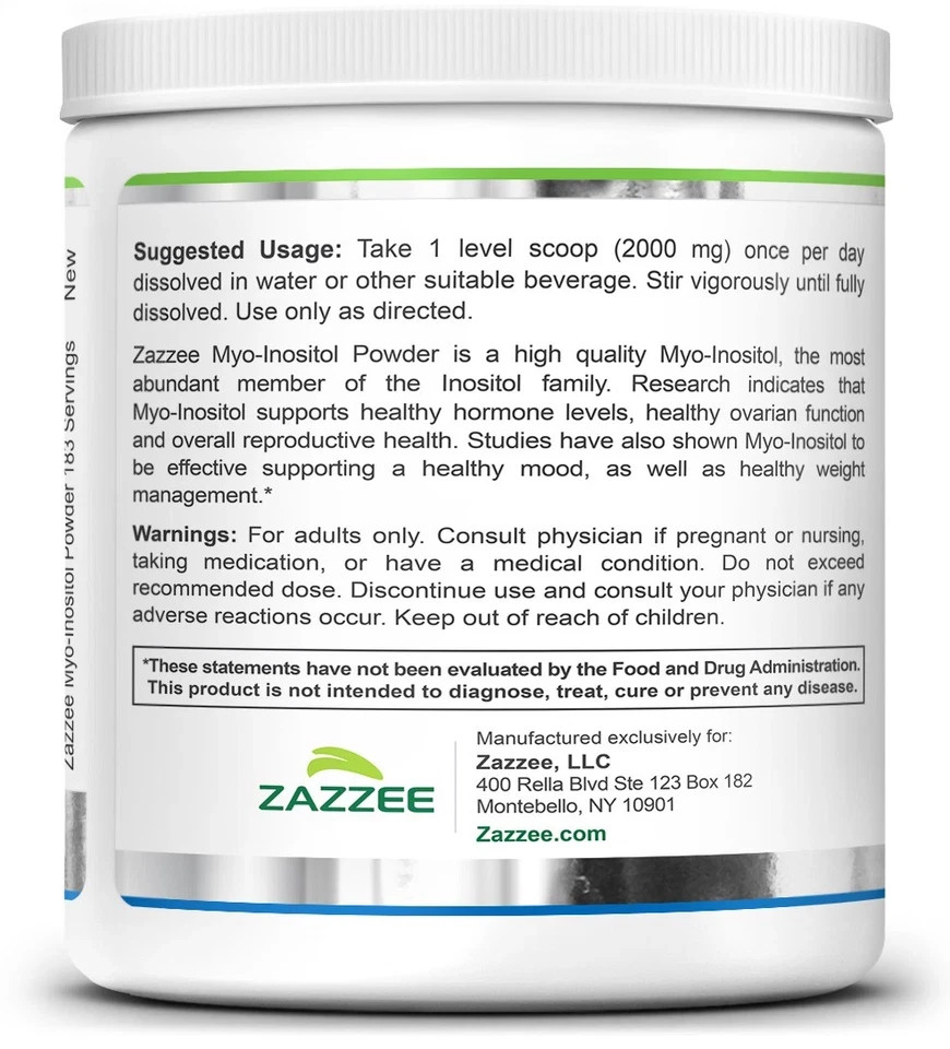 Zazzee Myo Inositol Powder 2000mg 183 Servings 12.91oz Kosher USA Made