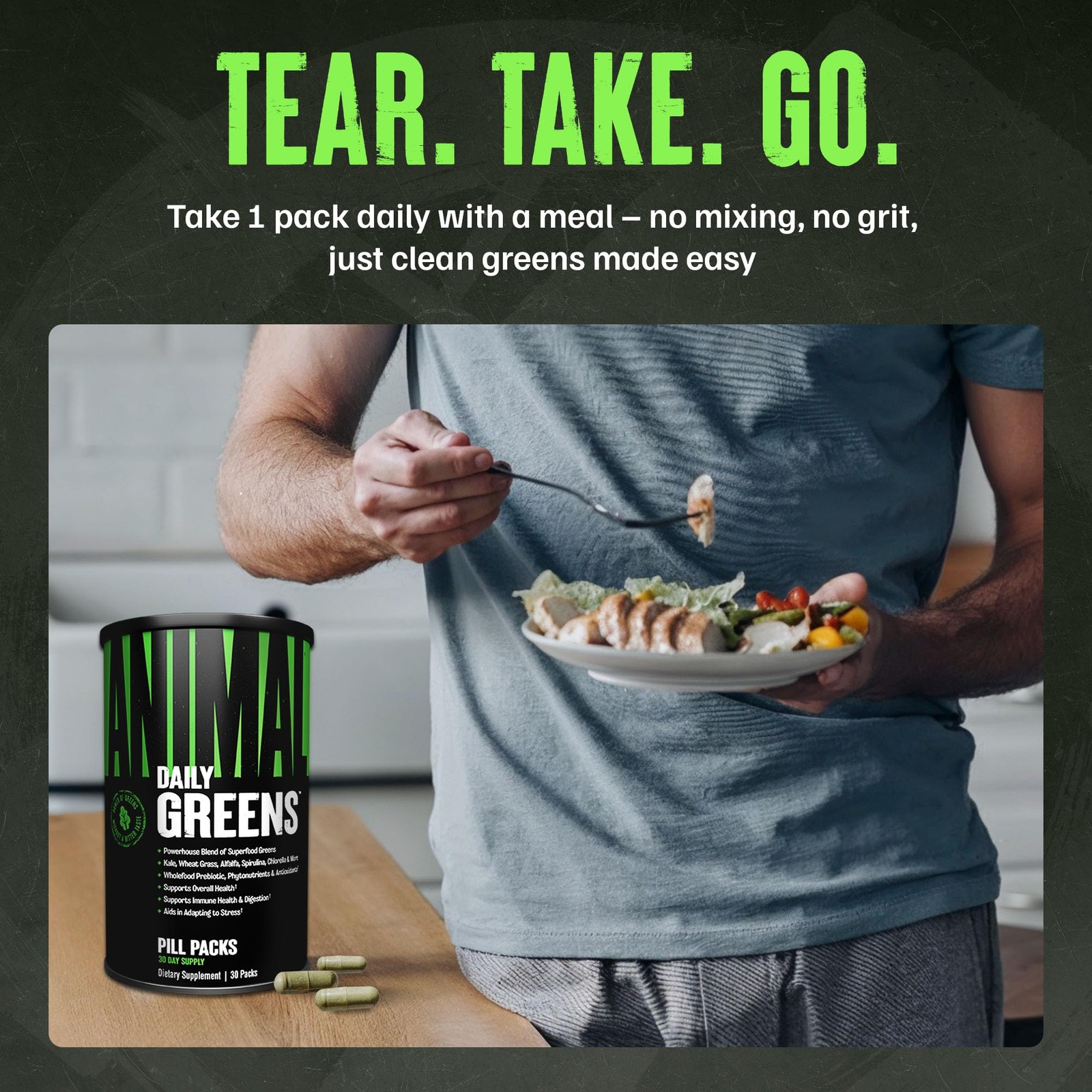 Animal Daily Greens Pill Packs – Kale, Wheat 30 Count (Pack of 1), Green