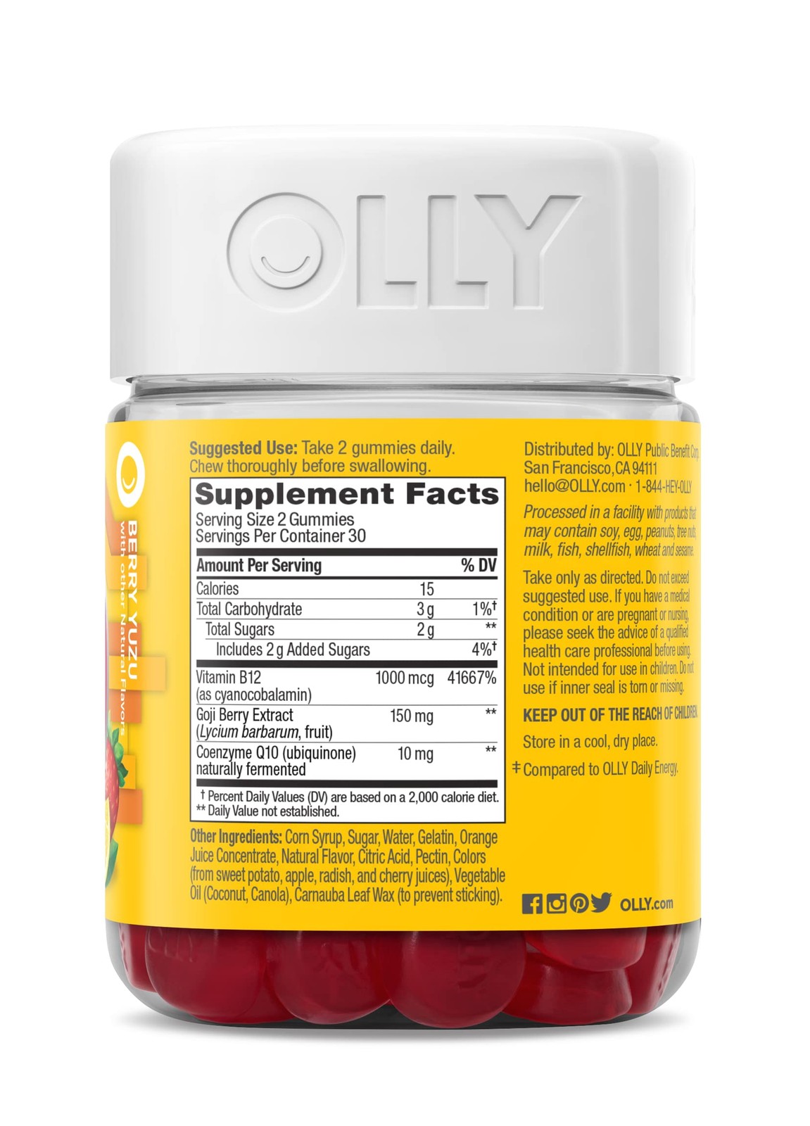OLLY Extra Strength Daily Energy Gummy, Caffeine 60 Count (Pack of 1), Red