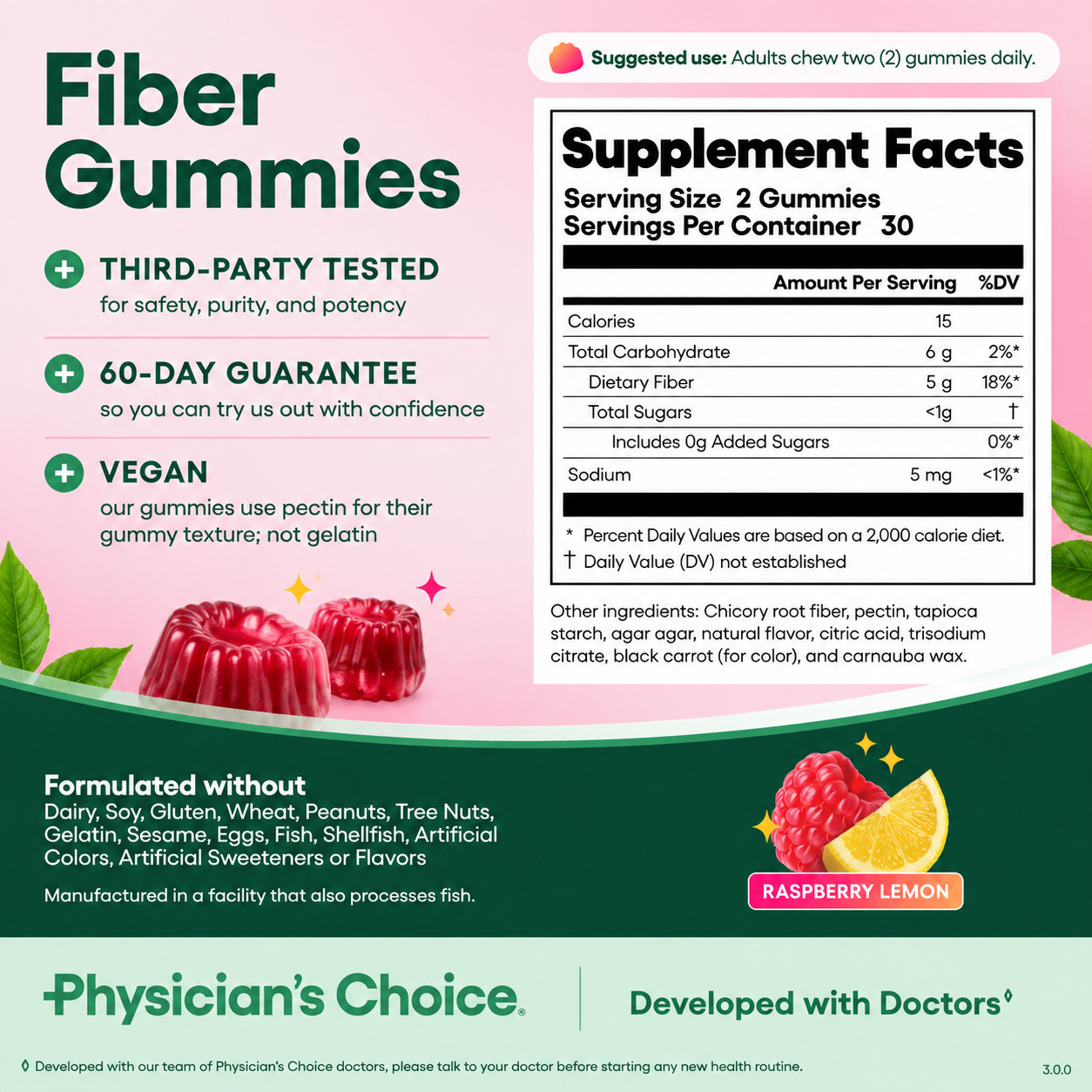 Physician’s Choice Prebiotic Fiber Gummies 5g Zero Sugar Vegan Gut Regularity