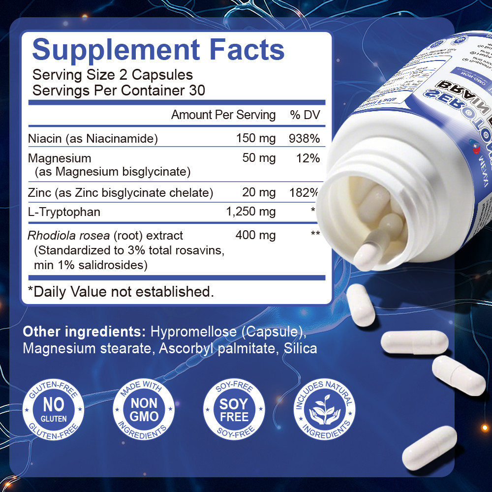 Serotonin Brain Food 1250mg L-Tryptophan Mood Support Stress Relief Supplement