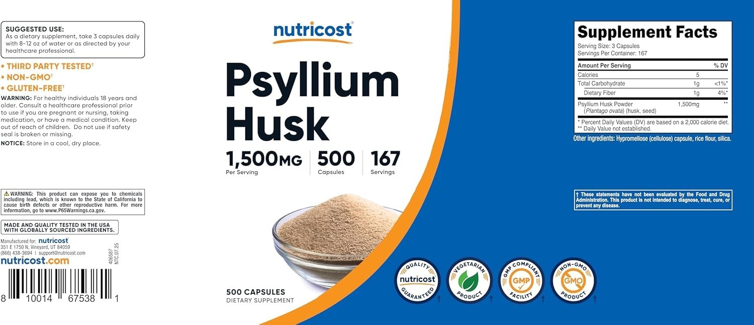 Psyllium Husk 1500mg Per Serving, 500 Capsules – Non-GMO & Gluten Free