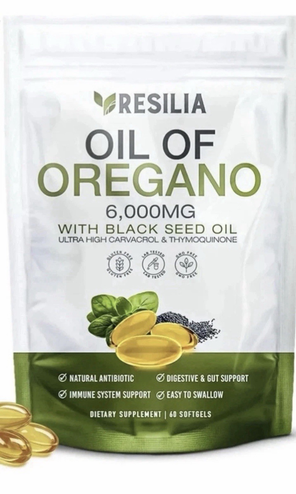 Resilia Organic Oregano Oil Softgels with Black Seed Oil 6000mg – Capsules 60ct