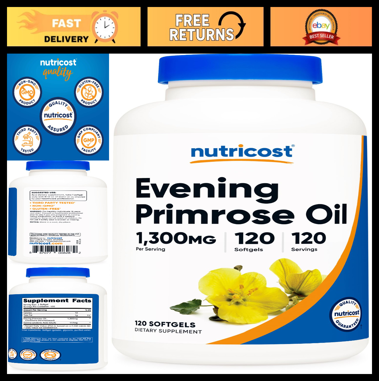Evening Primrose Oil 1300mg, 120 Softgels – Cold Pressed, Non-GMO, Gluten-Free