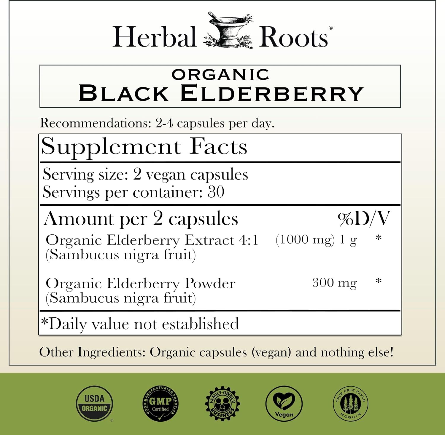 Roots Organic Black Elderberry Capsules – Max Strength – USDA Certified O