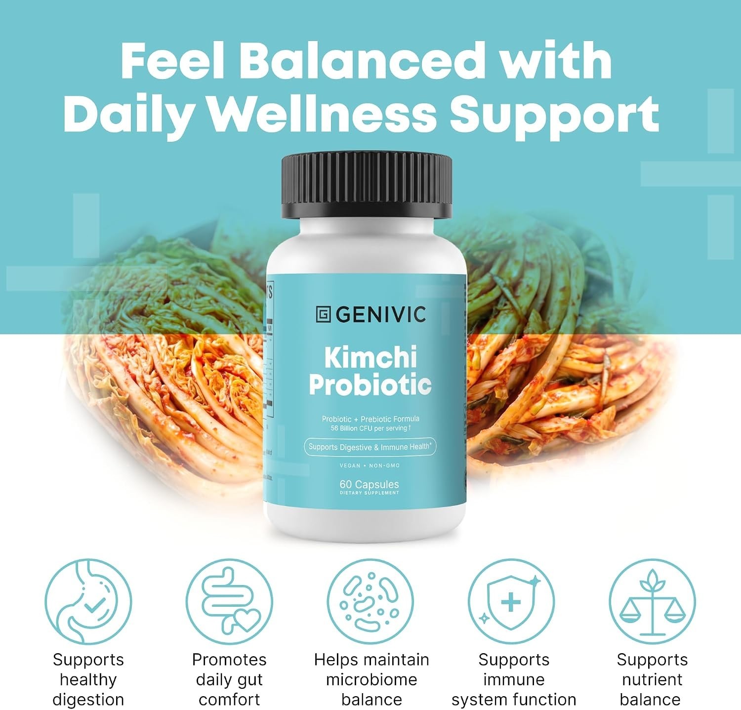 Kimchi Probiotic Capsules Supplement – 50 Billion CFU Blend for Gut Health
