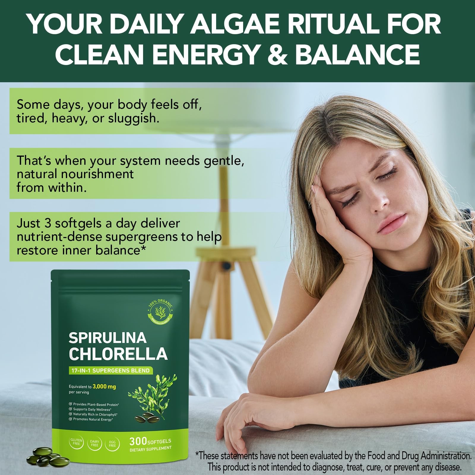 bnHUlMXw Organic Spirulina Chlorella Capsules,Non-GMO 300 Count (Pack of 1)