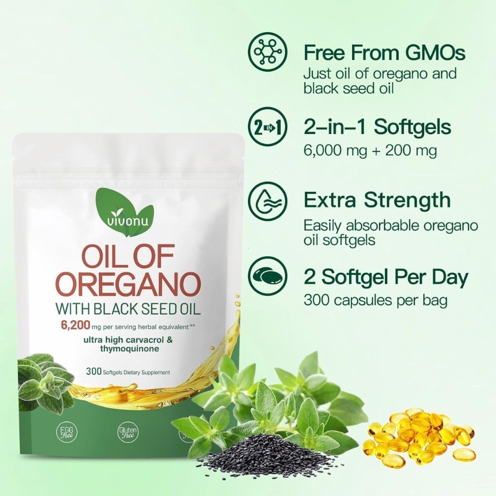 VivoNu Oil of Oregano & Black Seed Oil–Organic Softgels,Immune Support,Carvacrol