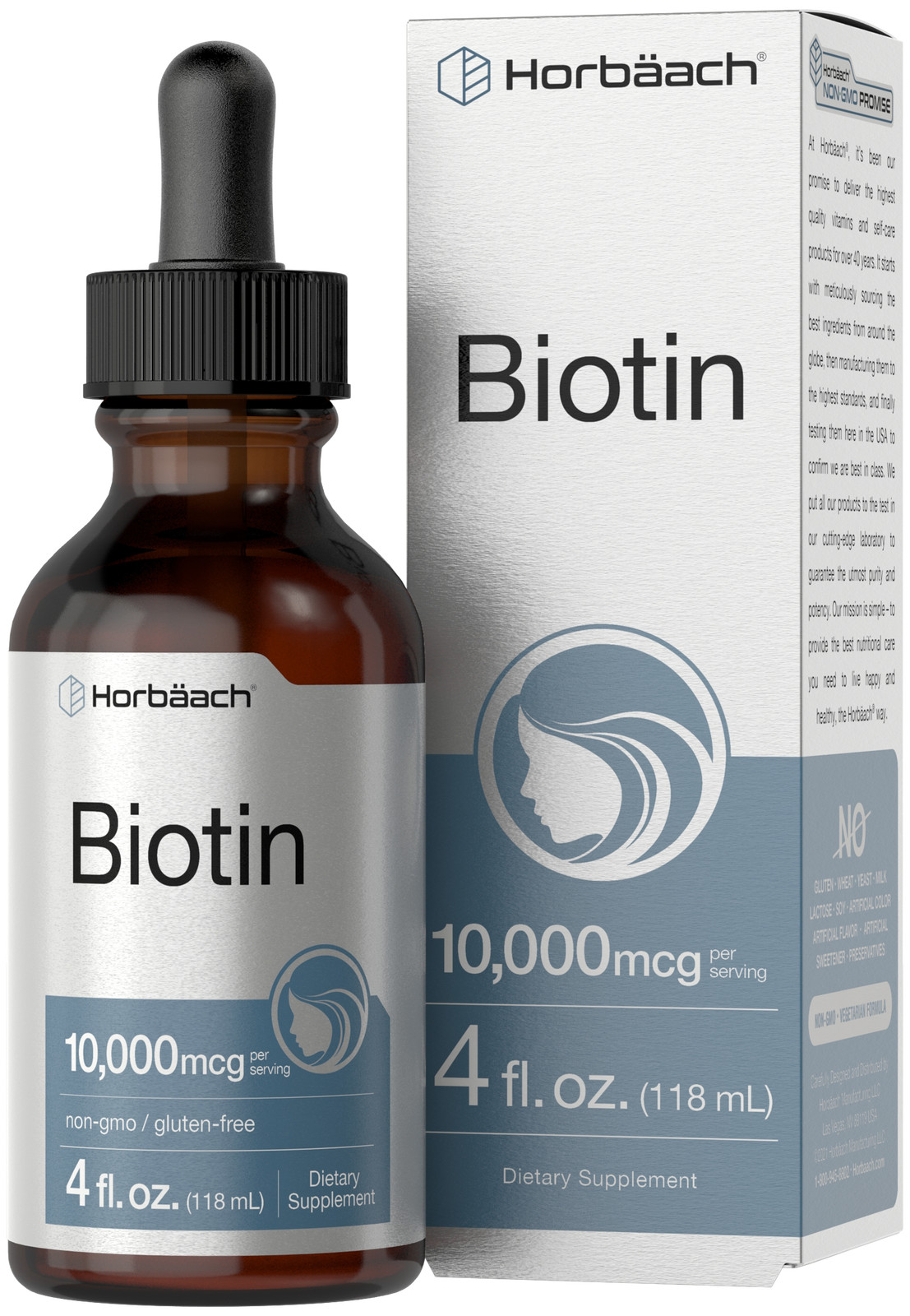 Biotin Liquid 10000mcg | 4 fl oz | Vegetarian Drops, Non-GMO | by Horbaach