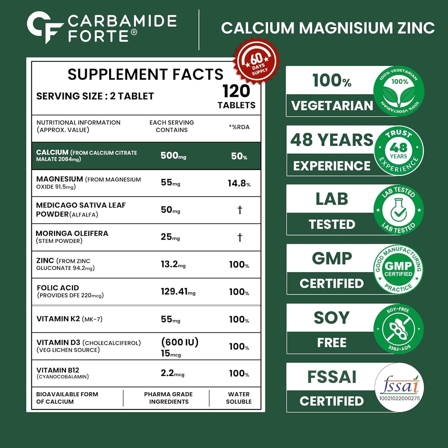 Carbamide Forte Veg Calcium D3 K2 MK7 Magnesium Zinc Tablets 120 Count