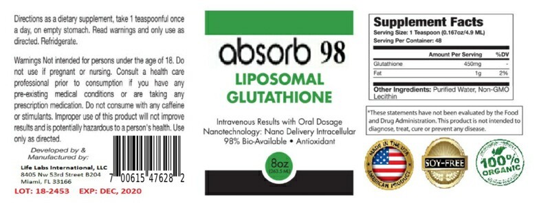 ABSORB 98 LIPOSOMAL GLUTATHIONE “48 SERVINGS” 100% ORGANIC SOY FREE GMO 21 grams