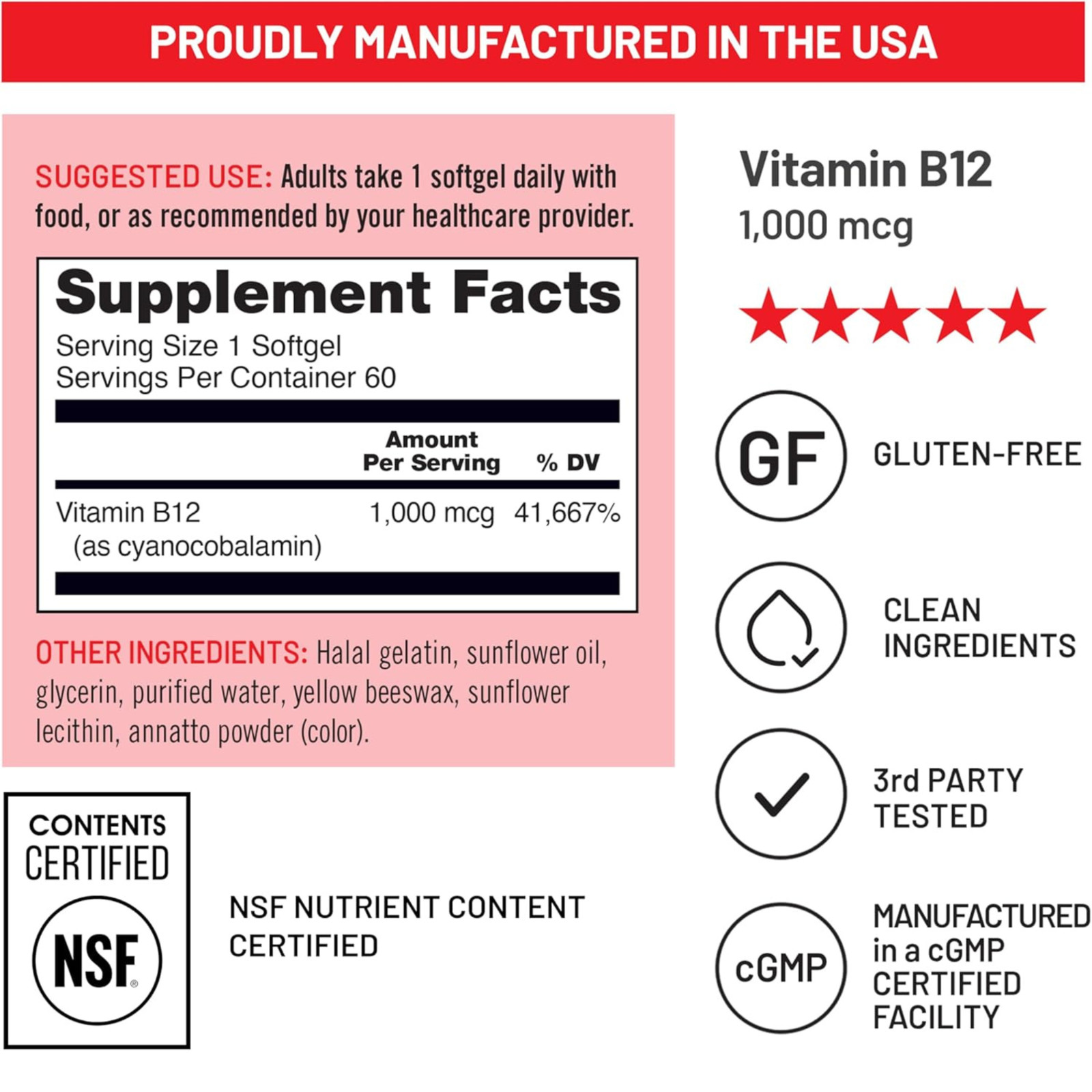 NatureWise Vitamin B12 1000mcg 60 Softgels Energy Brain Nerve Gluten Free Halal
