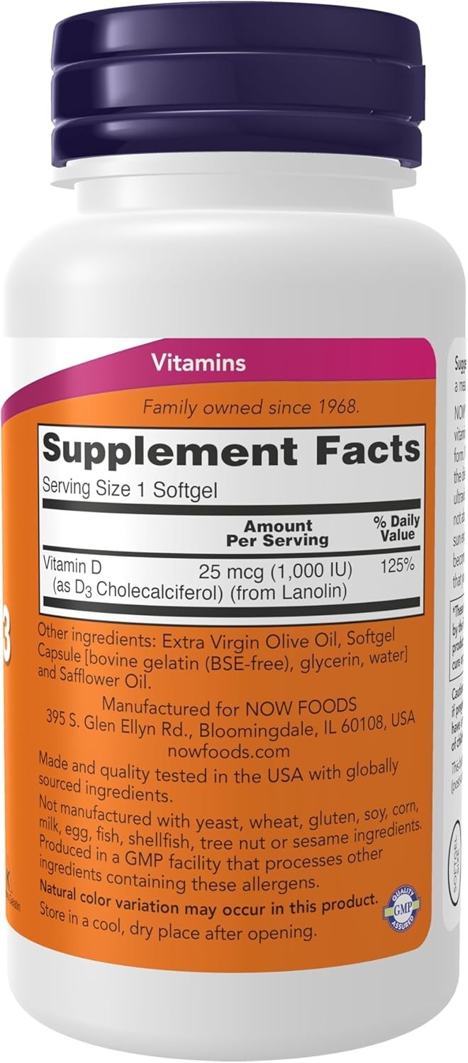 NOW Supplements, Vitamin D-3 1,000 IU, High Potency, 180 Count