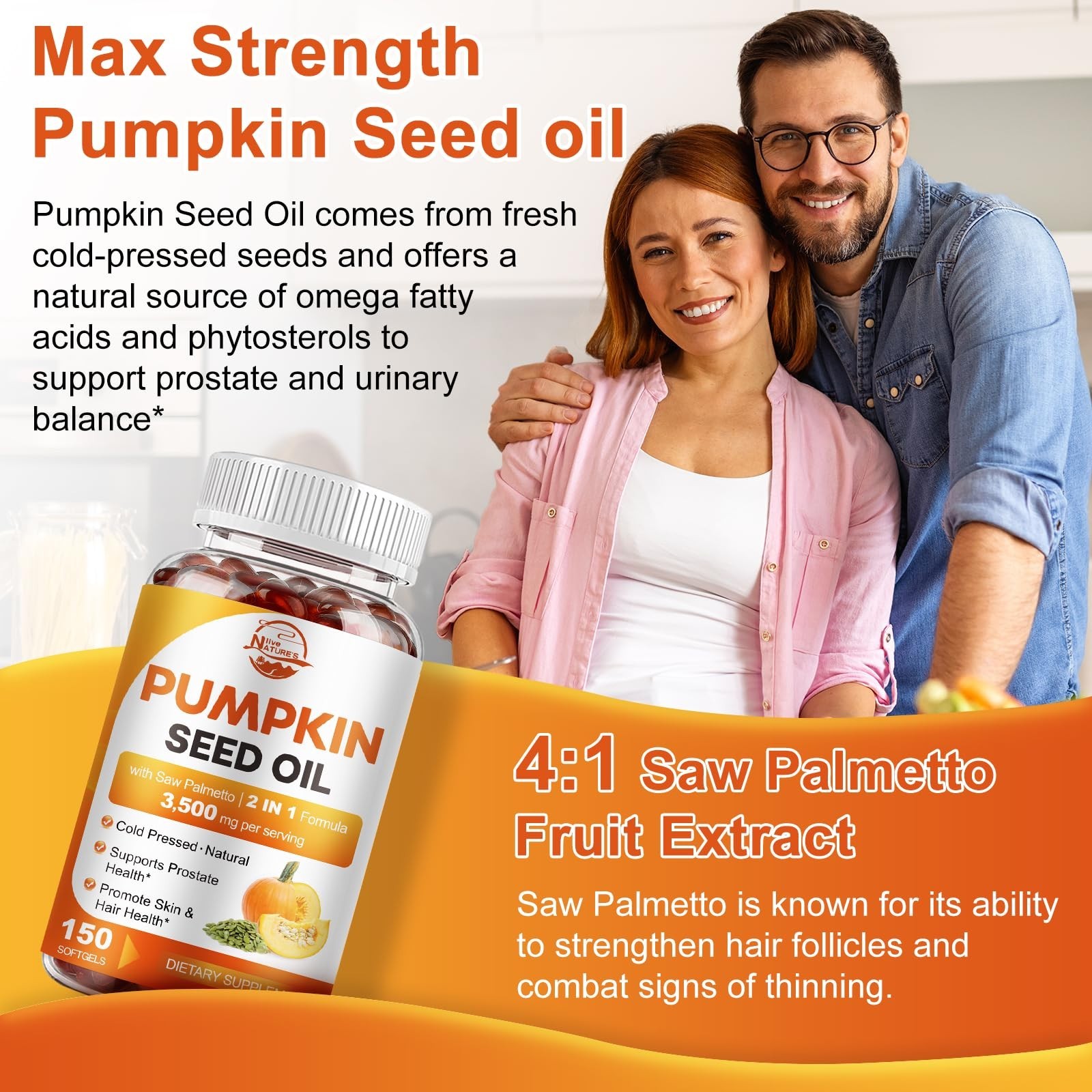 Max Strength Pumpkin Seed Oil & Saw Palmetto 3500mg, 150 Softgels, Cold-Pressed,