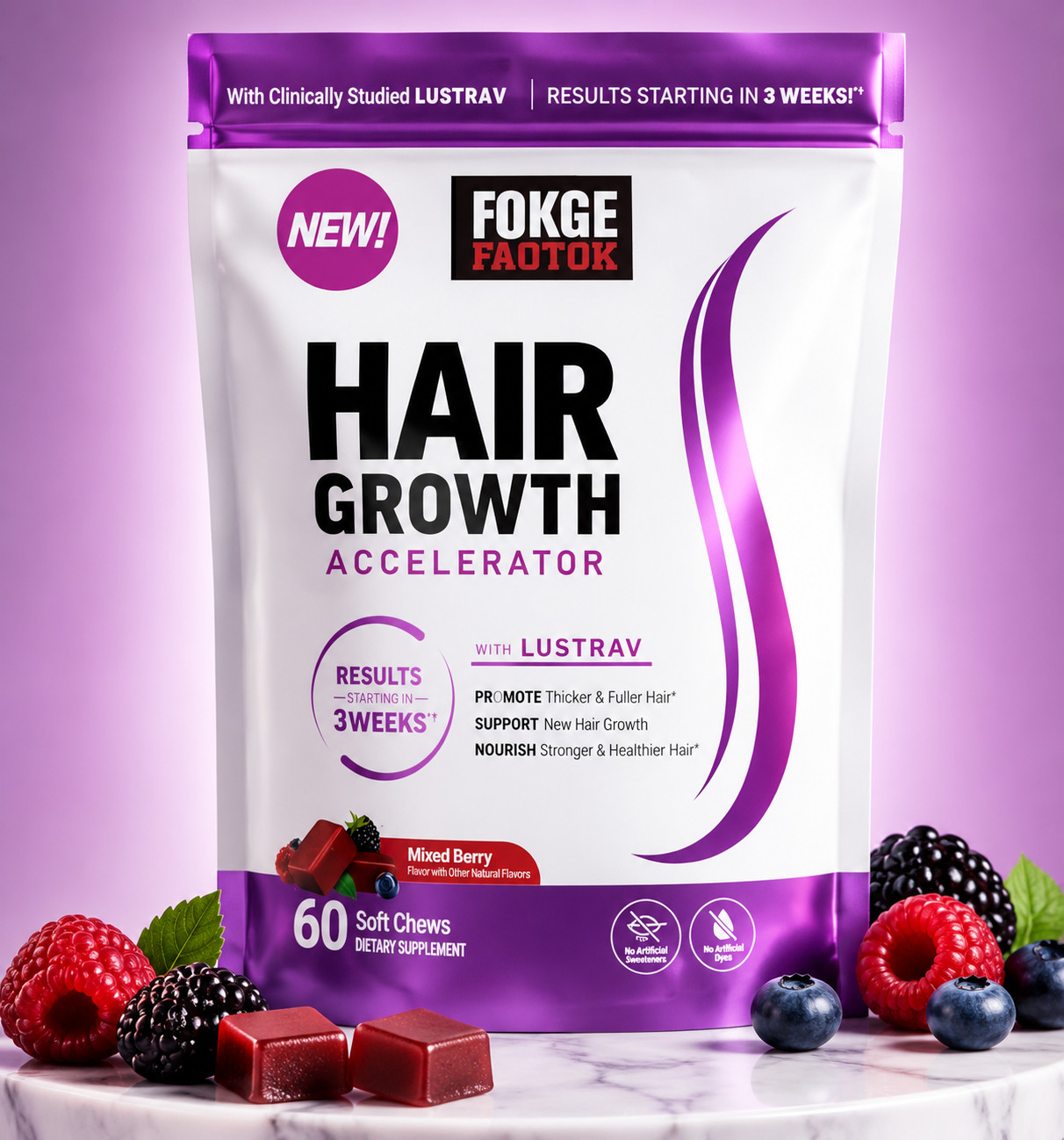 Hair Growth Accelerator Soft Chews Lustrav Biotin Mixed Berry 60 Count