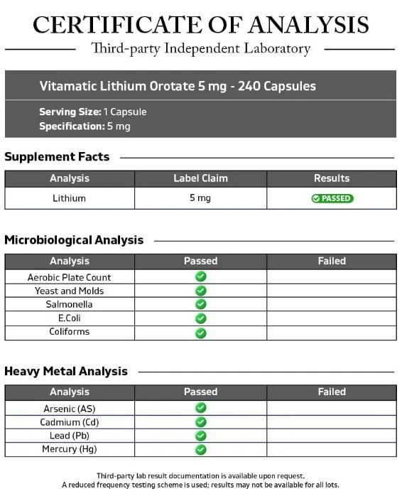 Vitamatic Lithium Orotate 5mg, 240 Veggie Capsules, Non-GMO, Gluten Free.