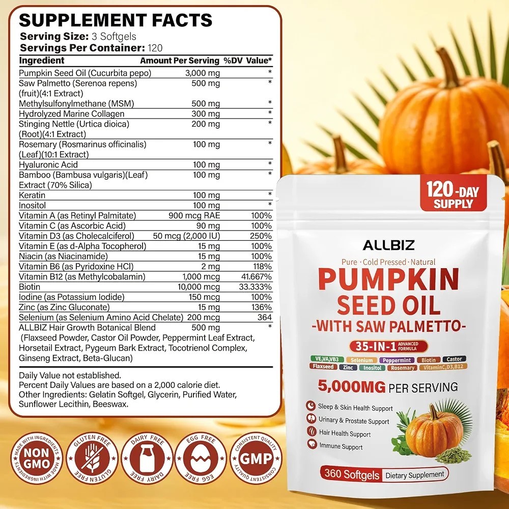ALLBIZ Pumpkin Seed Oil Saw Palmetto 5000mg Hair Prostate 120 Day Supply