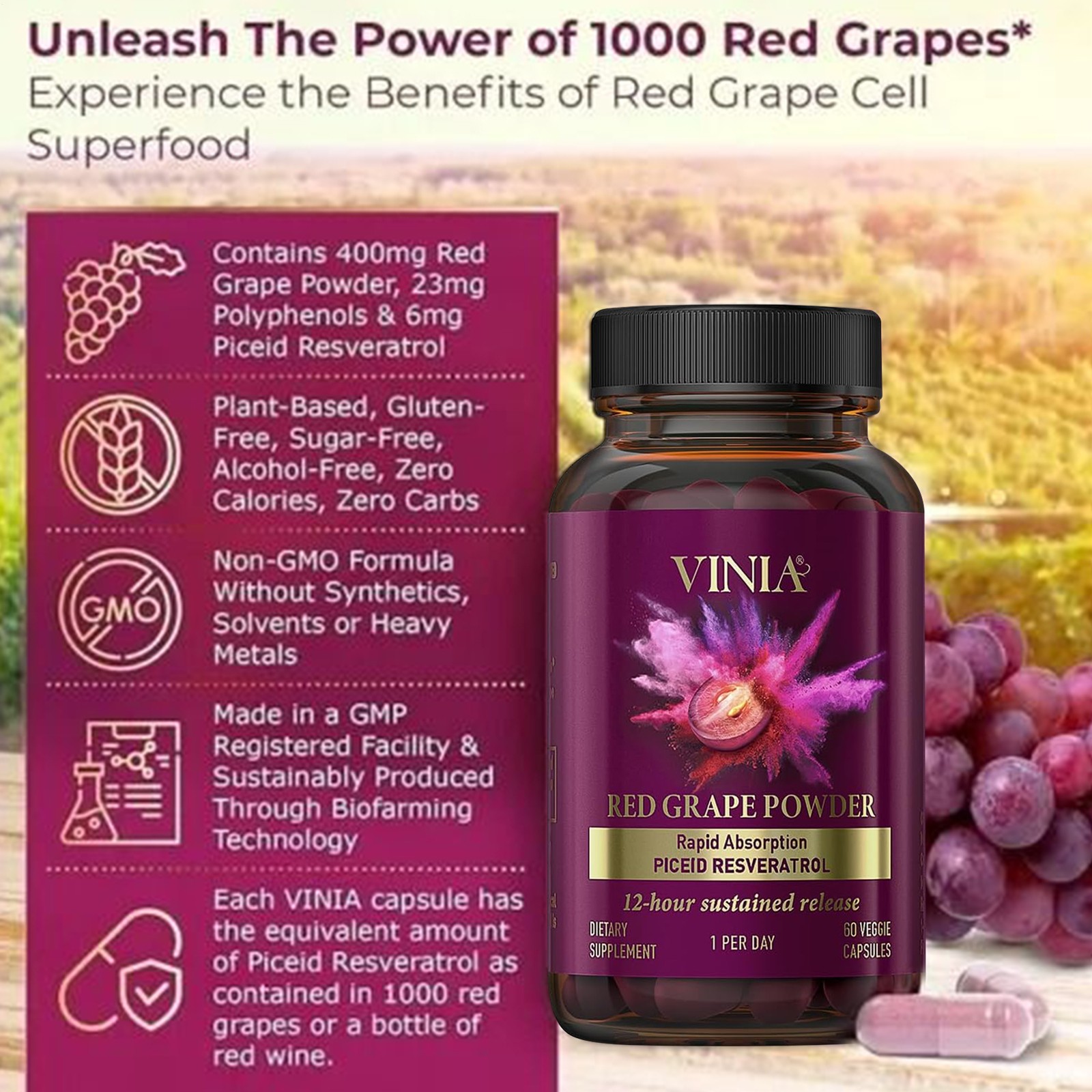 Vinia Red Grape Powder Rapid Absorbtion Piceid Resveratrol 30 Veggie Capsul New