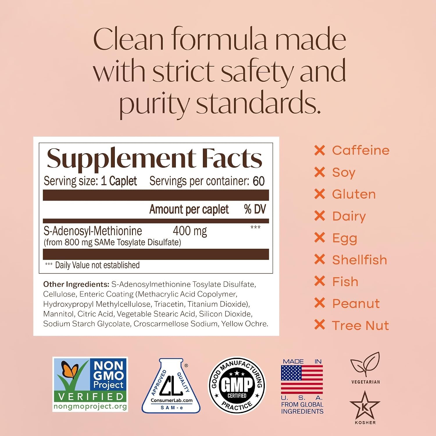 Nature’s Trove SAM-e 400mg 60 Enteric Coated Caplets Vegan Kosher Non-GMO