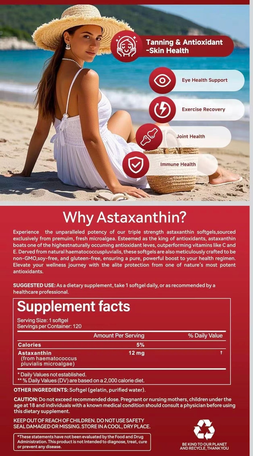 4 pcks Premium Astaxanthin Antioxidant Supplements 12mg, 120 Softgels