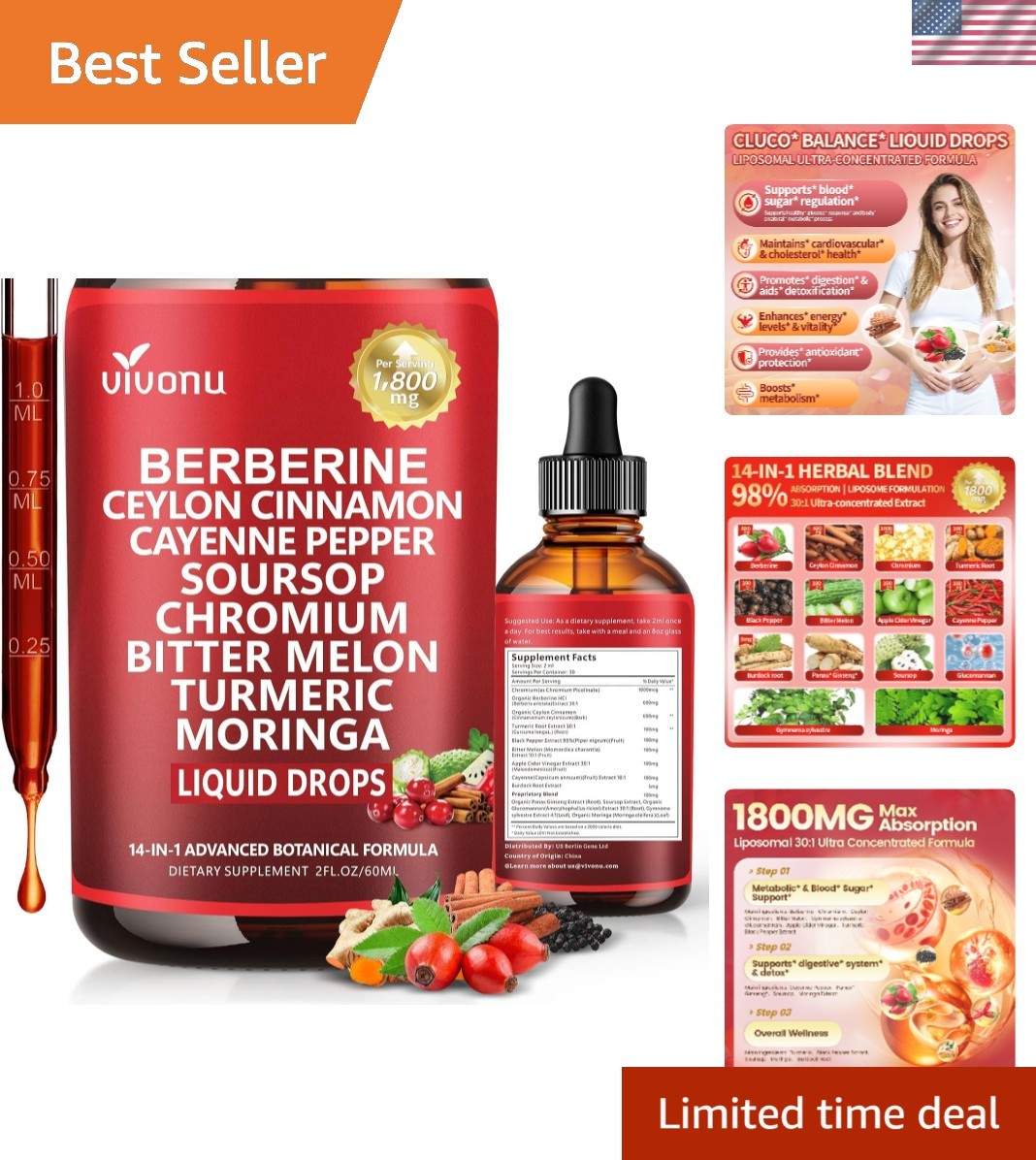 Liposomal Berberine Liquid Drops with Ceylon Cinnamon for Enhanced Wellness