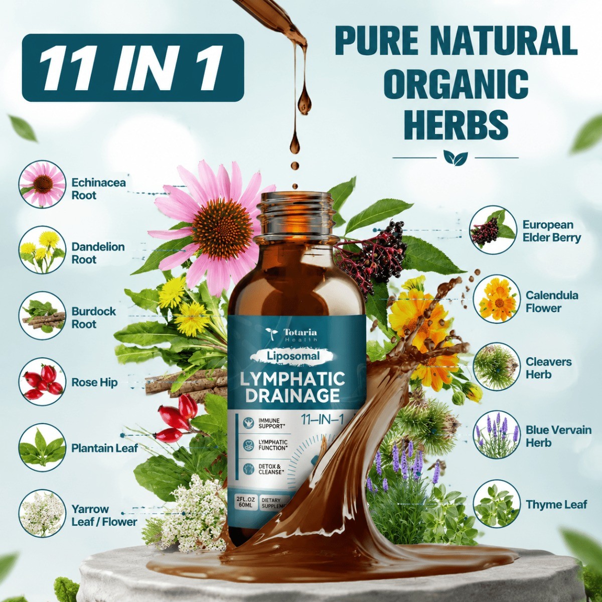 Totaria Liposomal Lymphatic Drainage Drops 11-in-1 Herbal Lymph Support 60ml