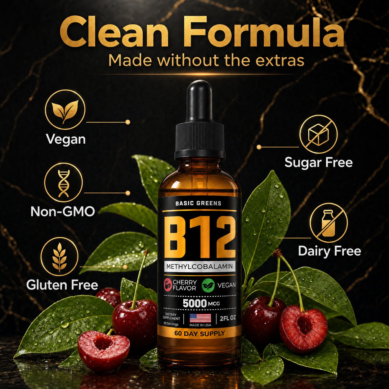 BASIC GREENS B12 Liquid Drops 5000mcg Sublingual Methylcobalamin Vegan 2oz