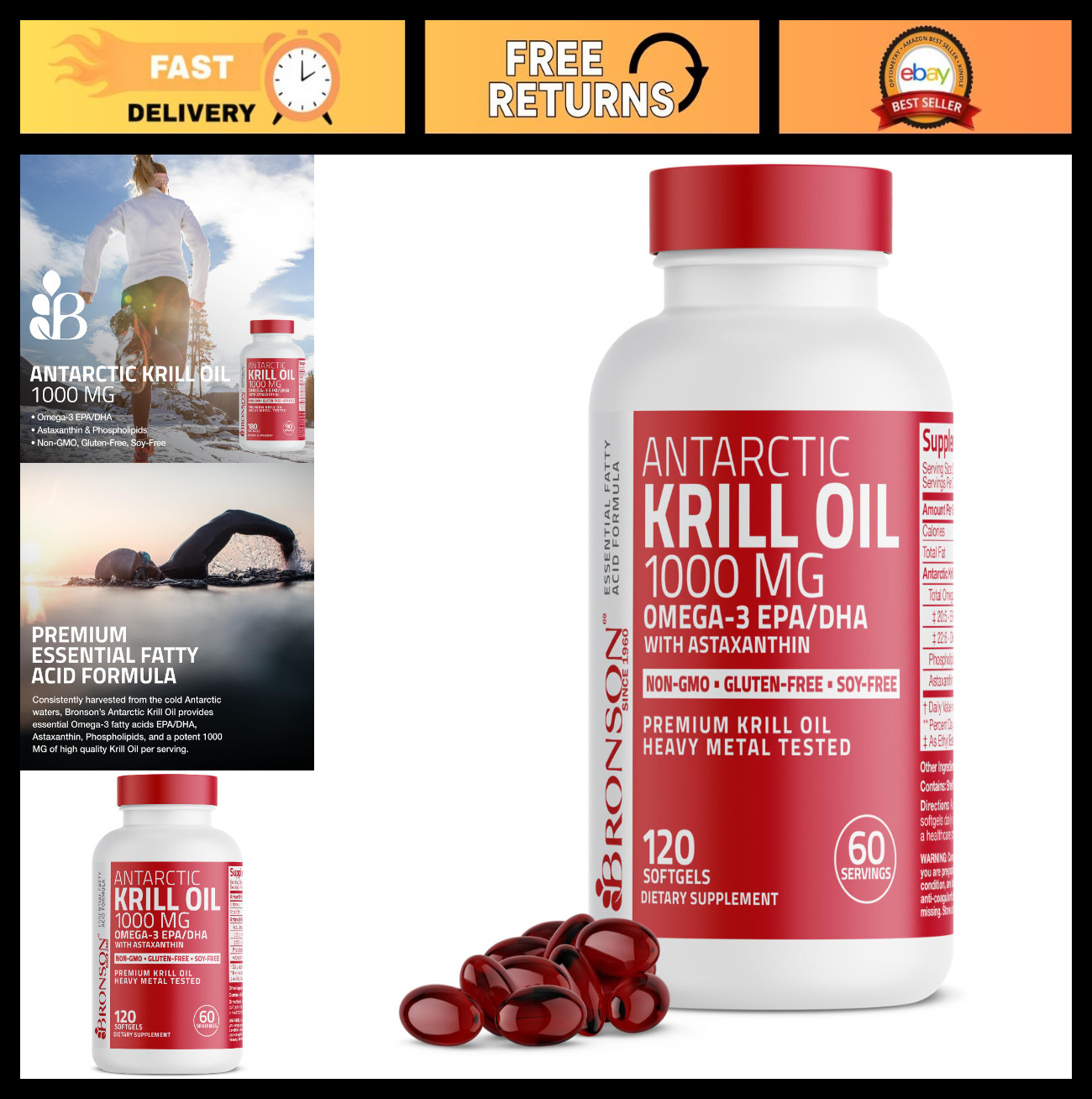 Antarctic Krill Oil 1000mg – Omega-3 EPA DHA, Heavy Metal Tested, 120 Softgels