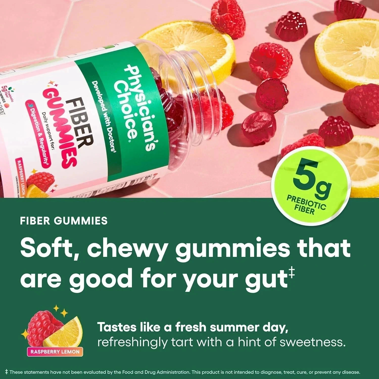 Physician’s Choice Fiber Gummies for Digestive Health & Regularity – Raspberry –