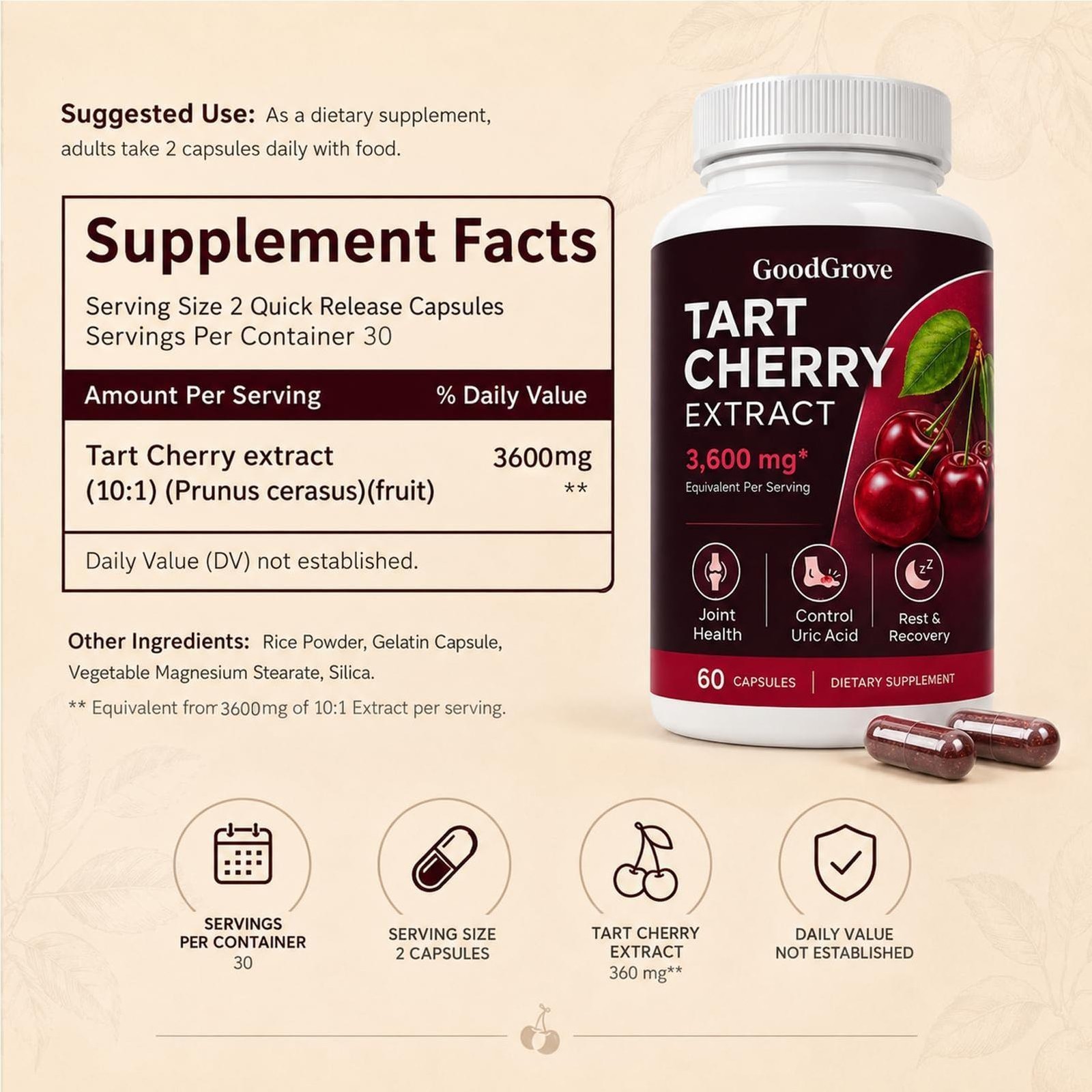 Good Grove Tart Cherry Extract,Goodgrove Tart Cherry Cold Extracted,60 Capsules