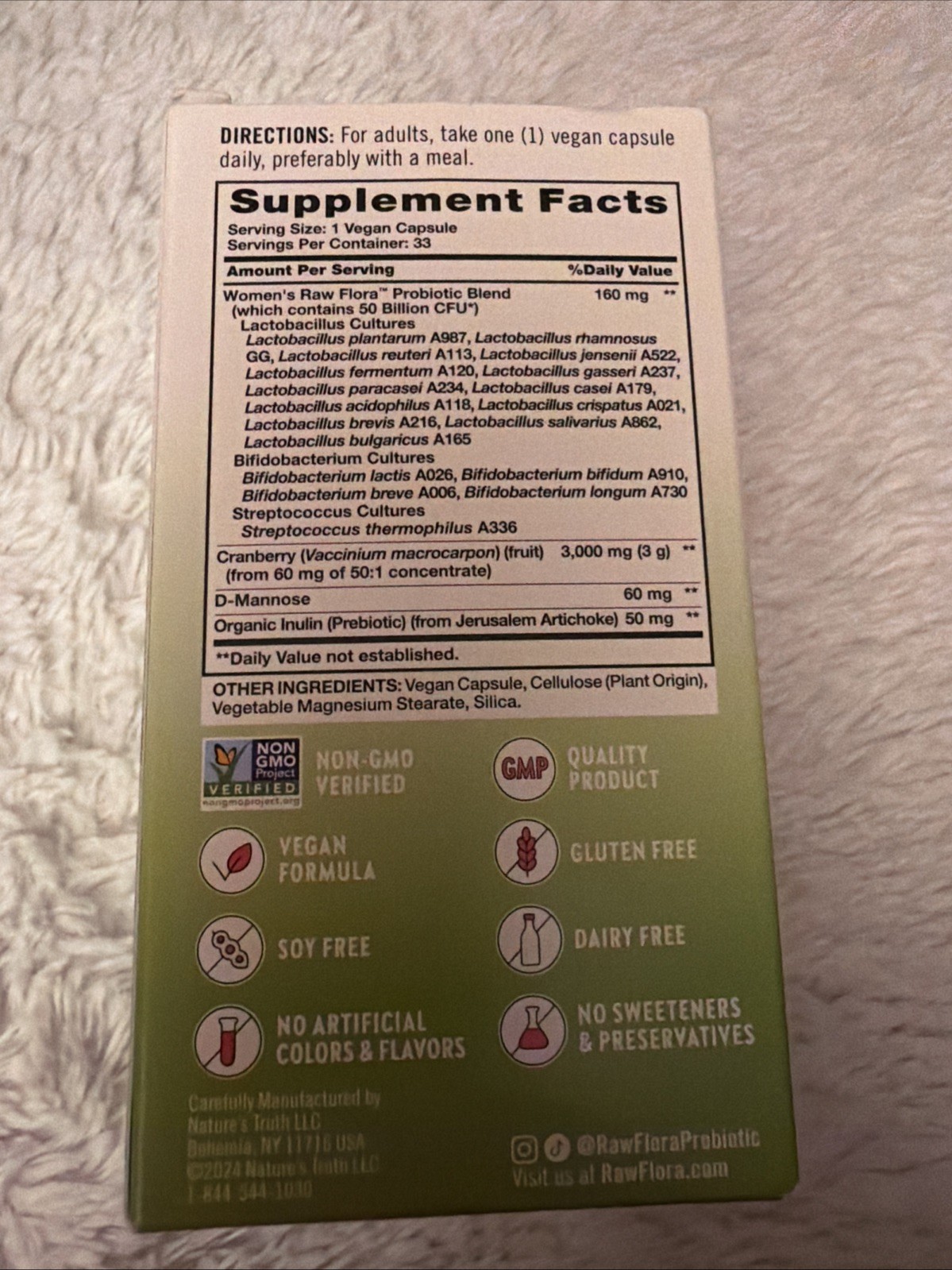 Nature’s Truth Raw Flora Probiotic18+ Cranberry & D-Mannose 33 Caps Exp 02/2027