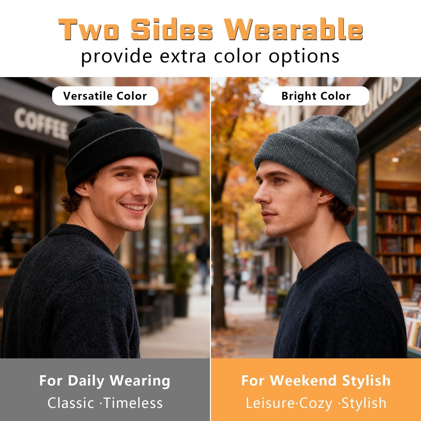 ZOORON 1&2 Pack Unisex Reversible Knitted Beanie Hat for Men Women Warm Winte…