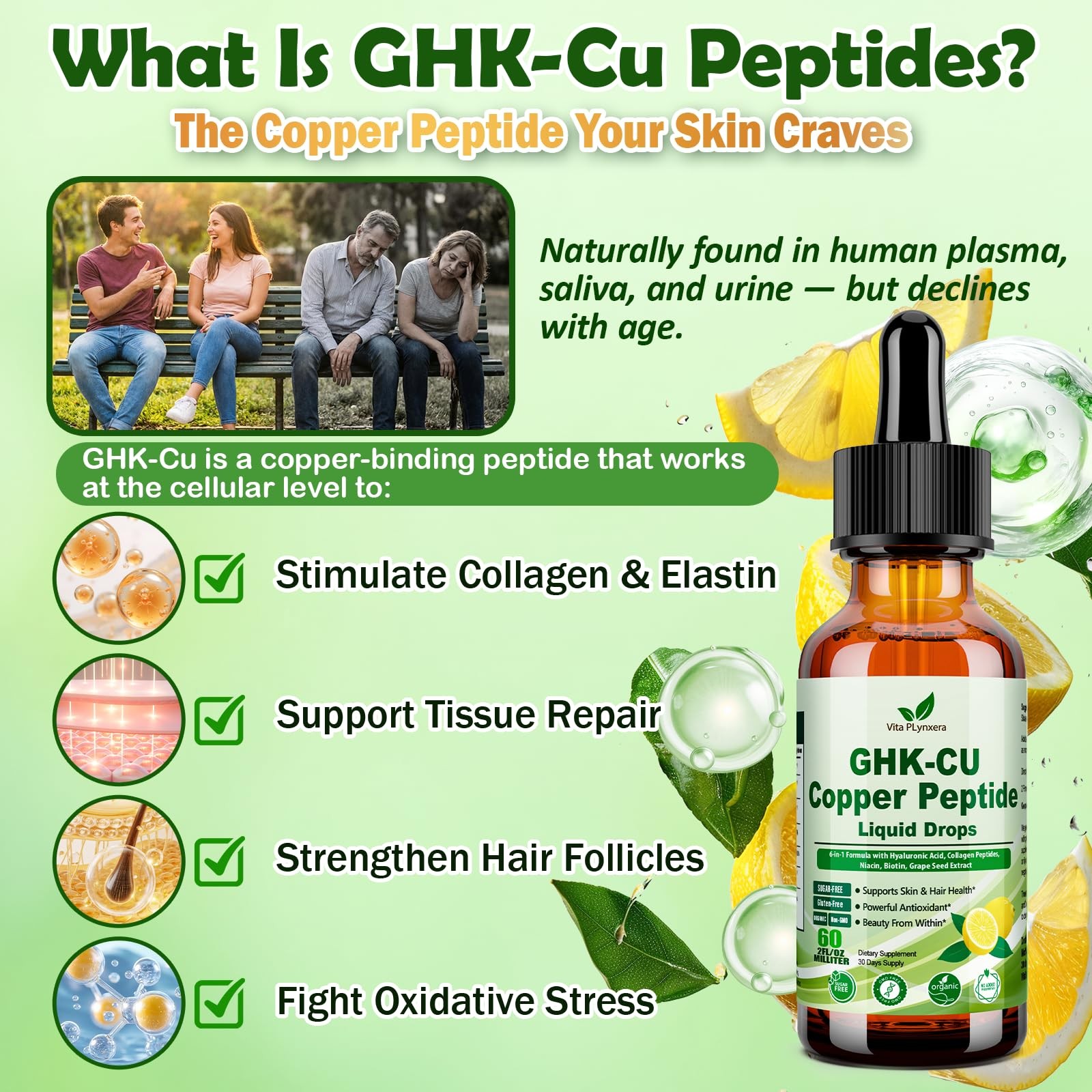 Vita PLynxera GHK-CU Peptide Supplement Liquid Drops, 2 Fl Oz (Pack of 1)