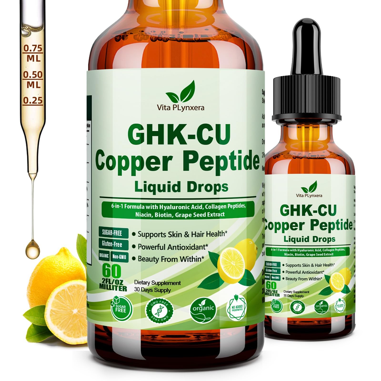 Vita PLynxera GHK-CU Peptide Supplement Liquid Drops, 2 Fl Oz (Pack of 1)
