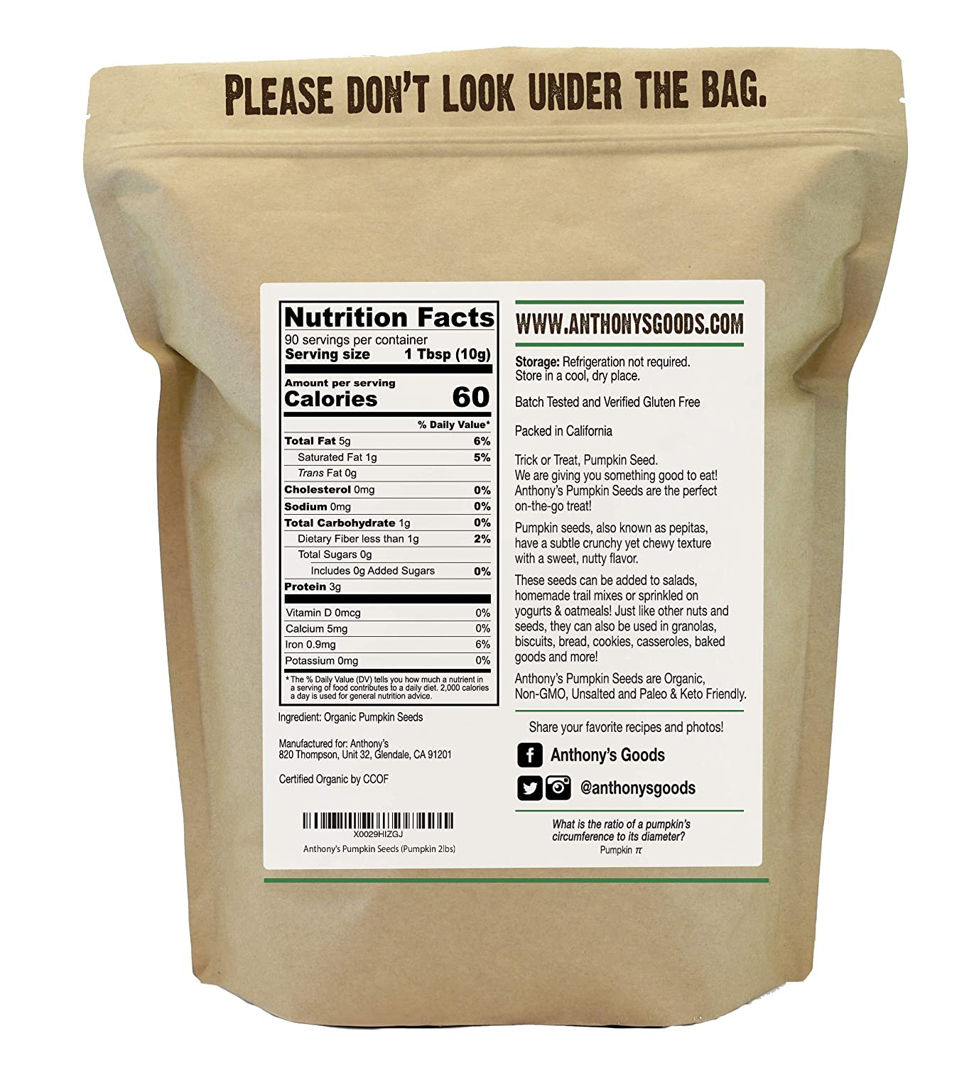 Anthony’S Organic Pumpkin Seeds, 2 Lb, Gluten Free, Non GMO, No Shell, Unsalted,