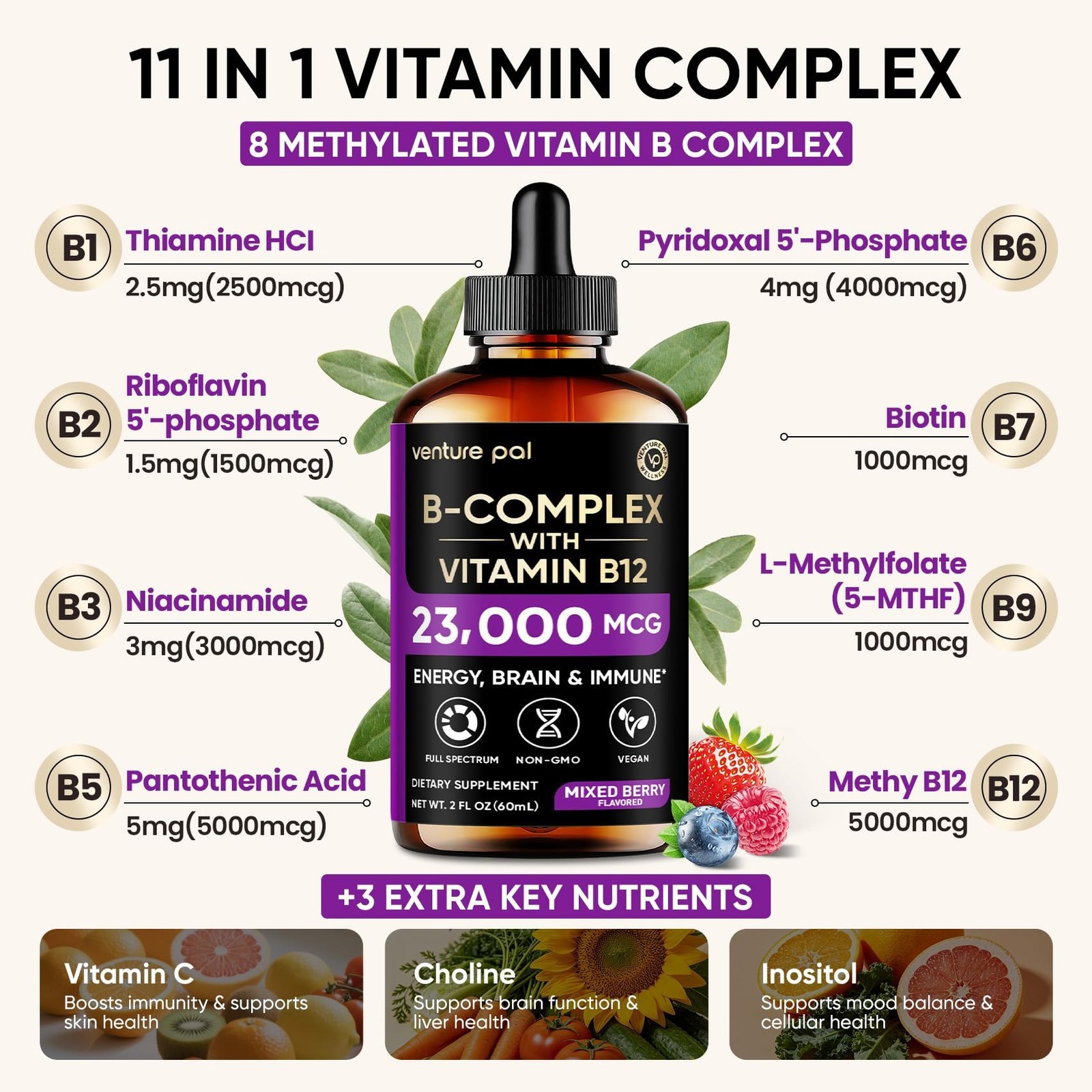 Venture Pal Vitamin B Complex Liquid Drops w/ Vitamin C B12 B9 B1 B6 B3 B5 B2 B1