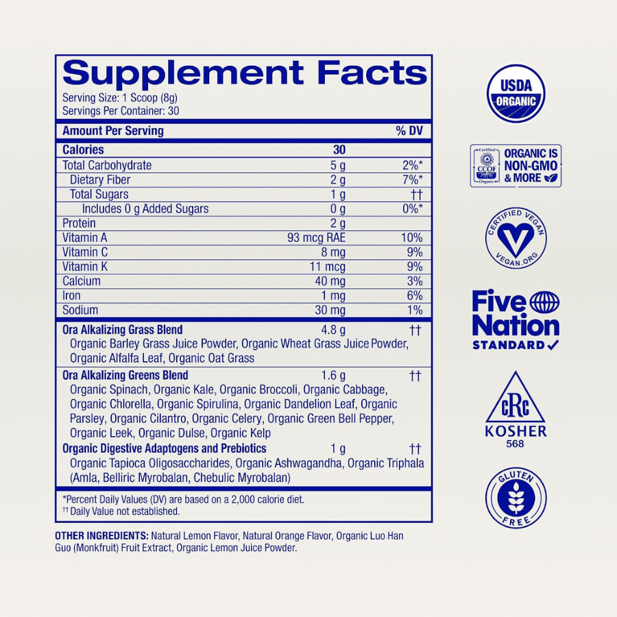 Ora Organic Easy Being Green – Superfood Greens Powder, Citrus Flavor, 30 Srv