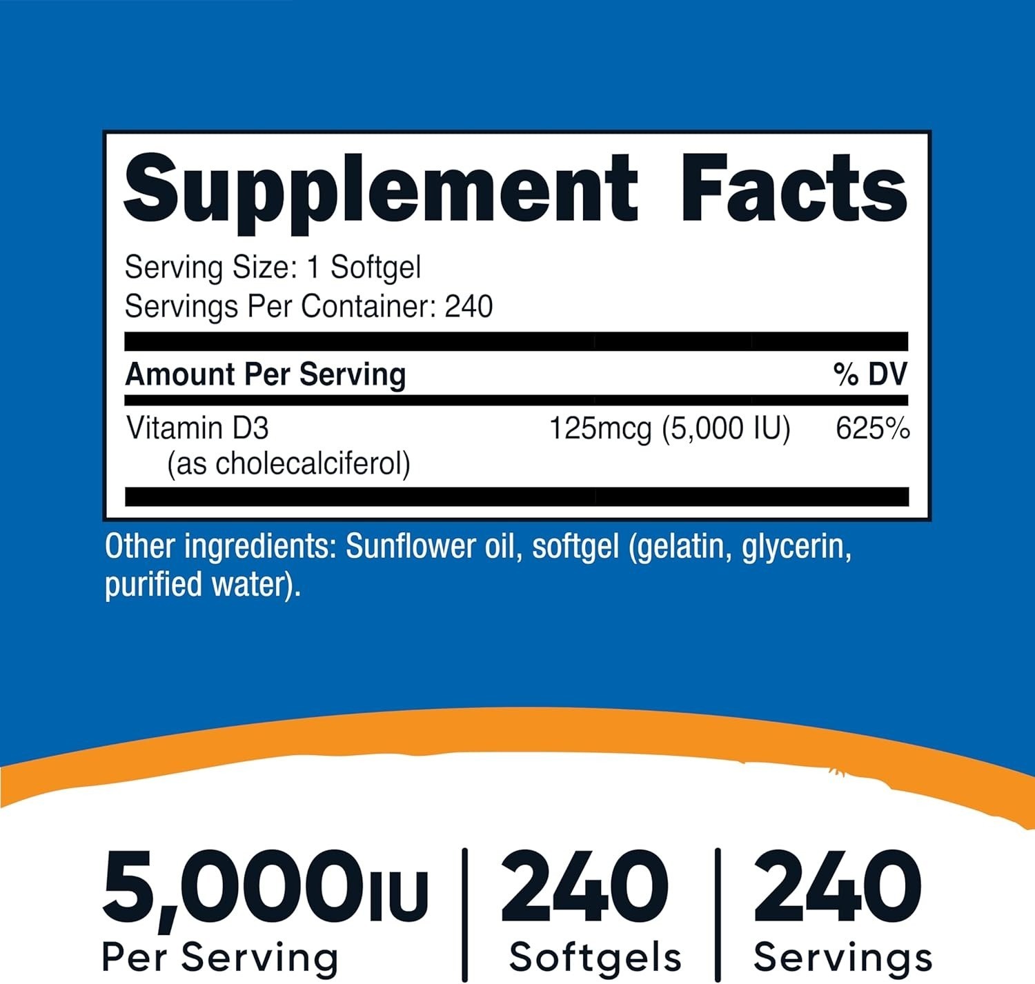 Nutricost Vitamin D3 5000 IU 240 Softgels High Potency Bone Support Gluten Free