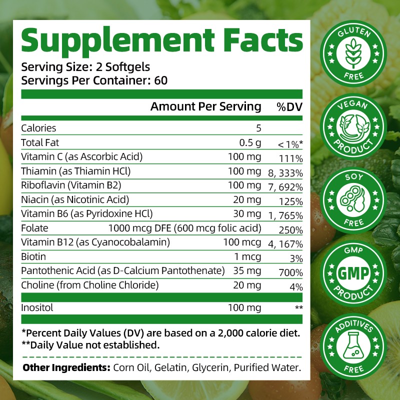 Vitamin B Complex 120 Capsules B1,B2,B3,B5,B6,B7,B9,B12, Immune Support Pills