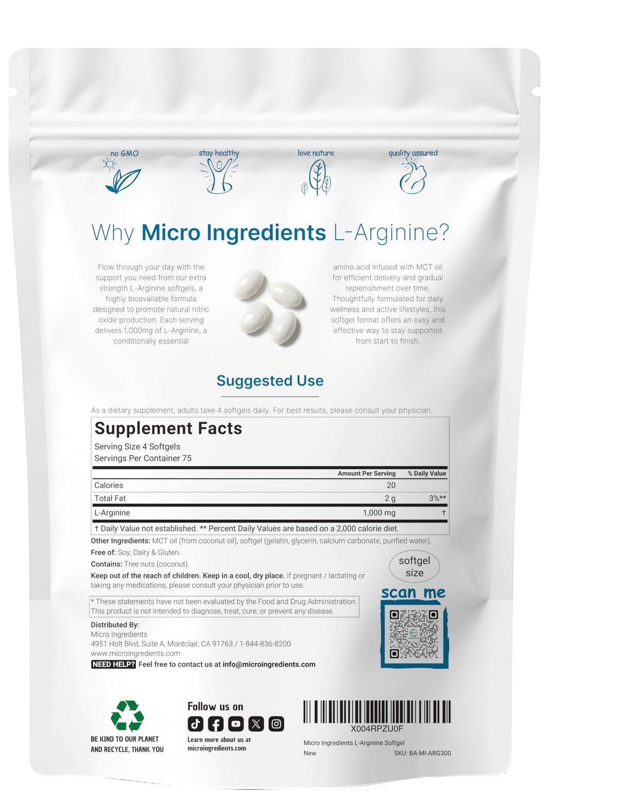 Micro Ingredients L-Arginine 1000mg with MCT Oil, 300 300 Count (Pack of 1)