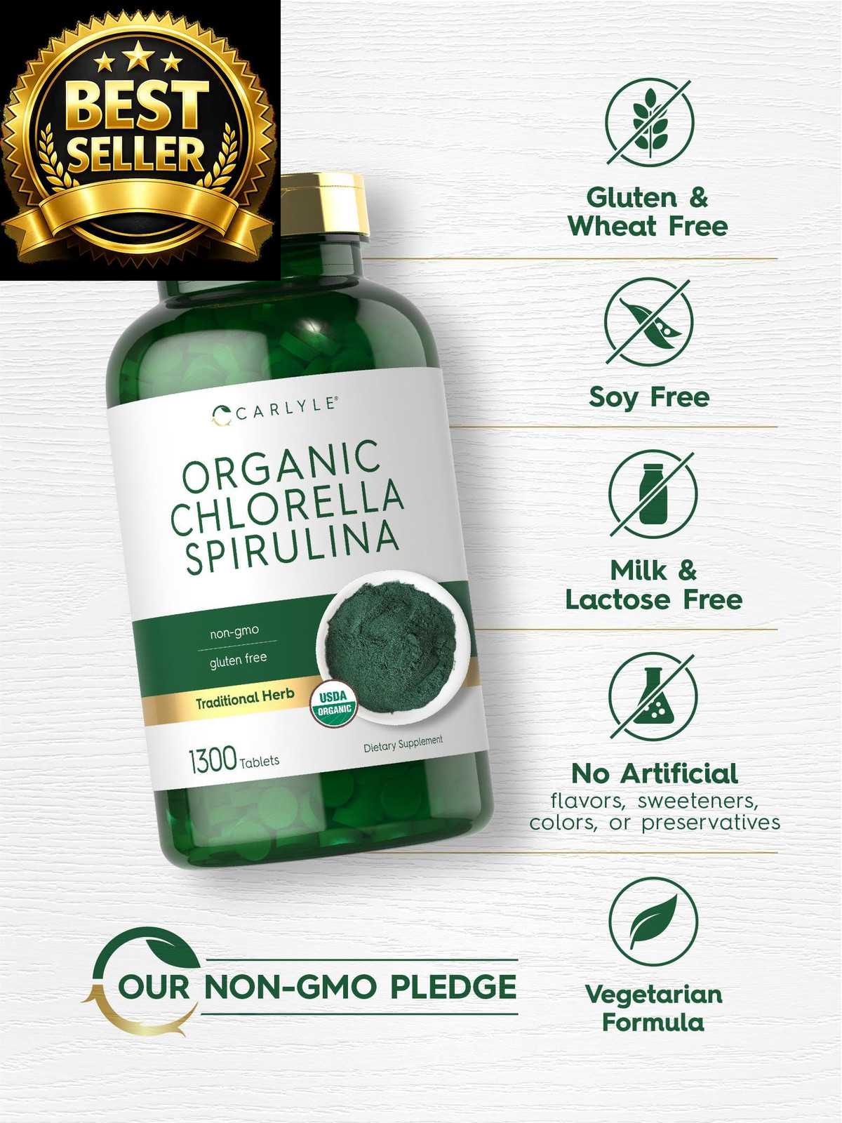 Carlyle Organic Chlorella Spirulina Tablets | 1300 1300 Count (Pack of 1)