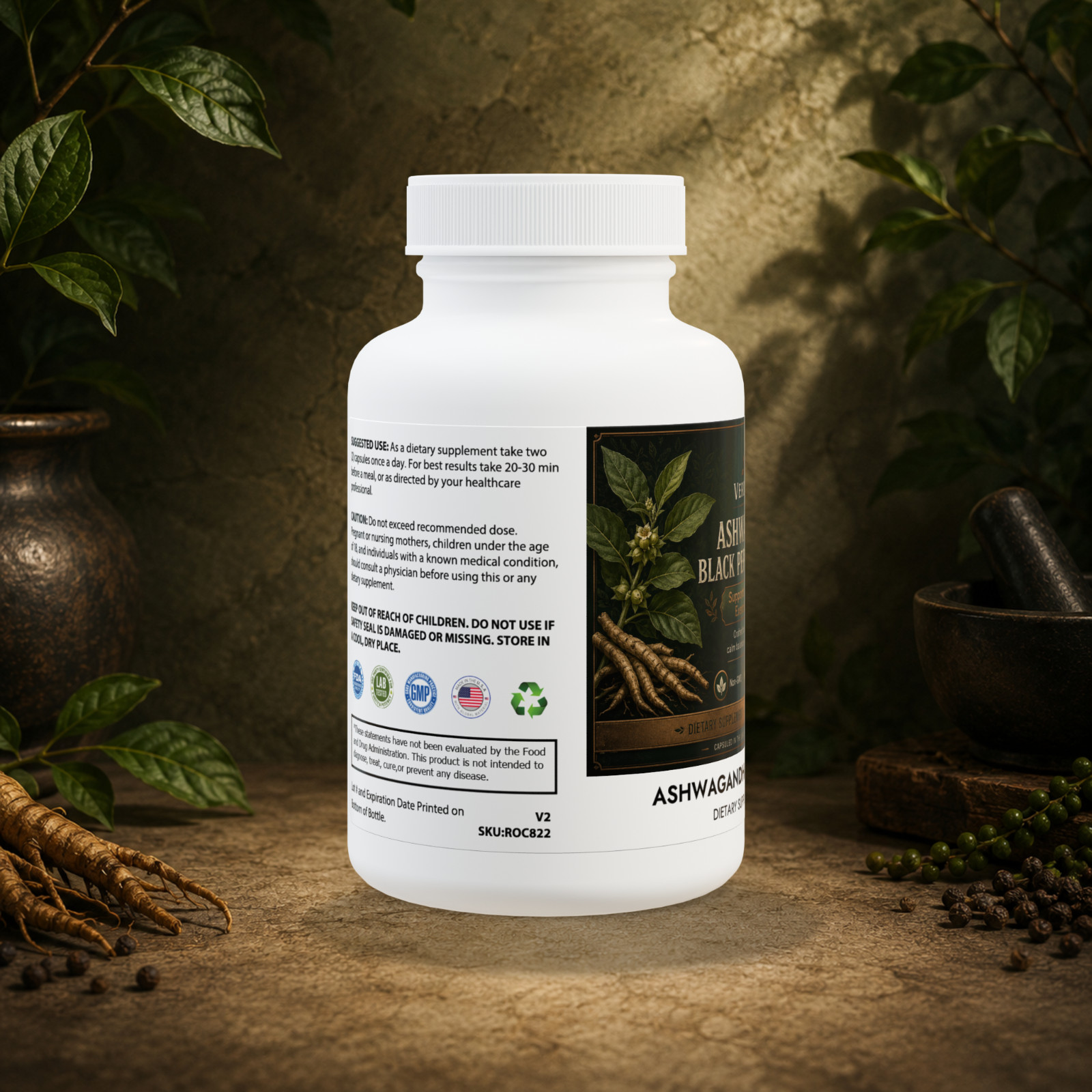 Ashwagandha Black Pepper Root Blend 60 Capsules Stress Balance Vegan Non-GMO