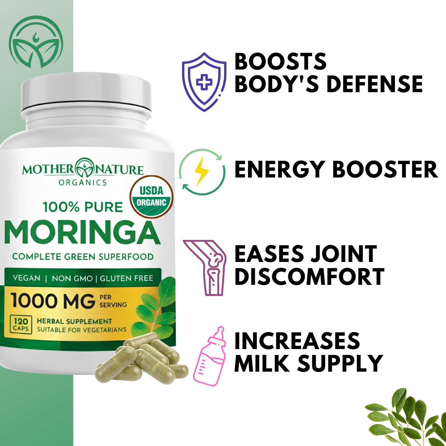 Organic Moringa Capsules, 100% Raw from India, 120ct, Green Supplement.
