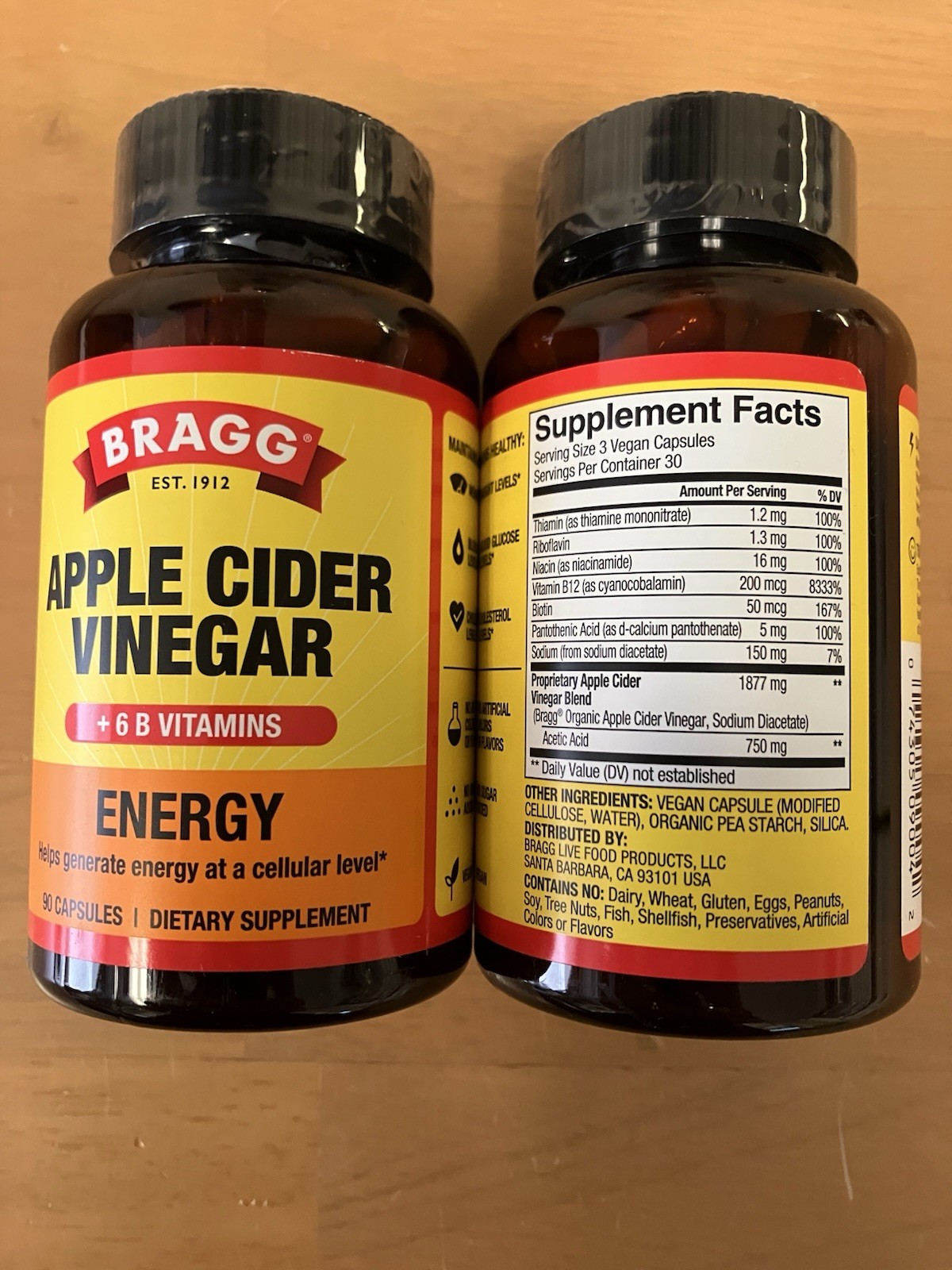 2-Pack Bragg Apple Cider Vinegar Energy + 6 B Vitamins 180 Caps. Exp. 07/2027