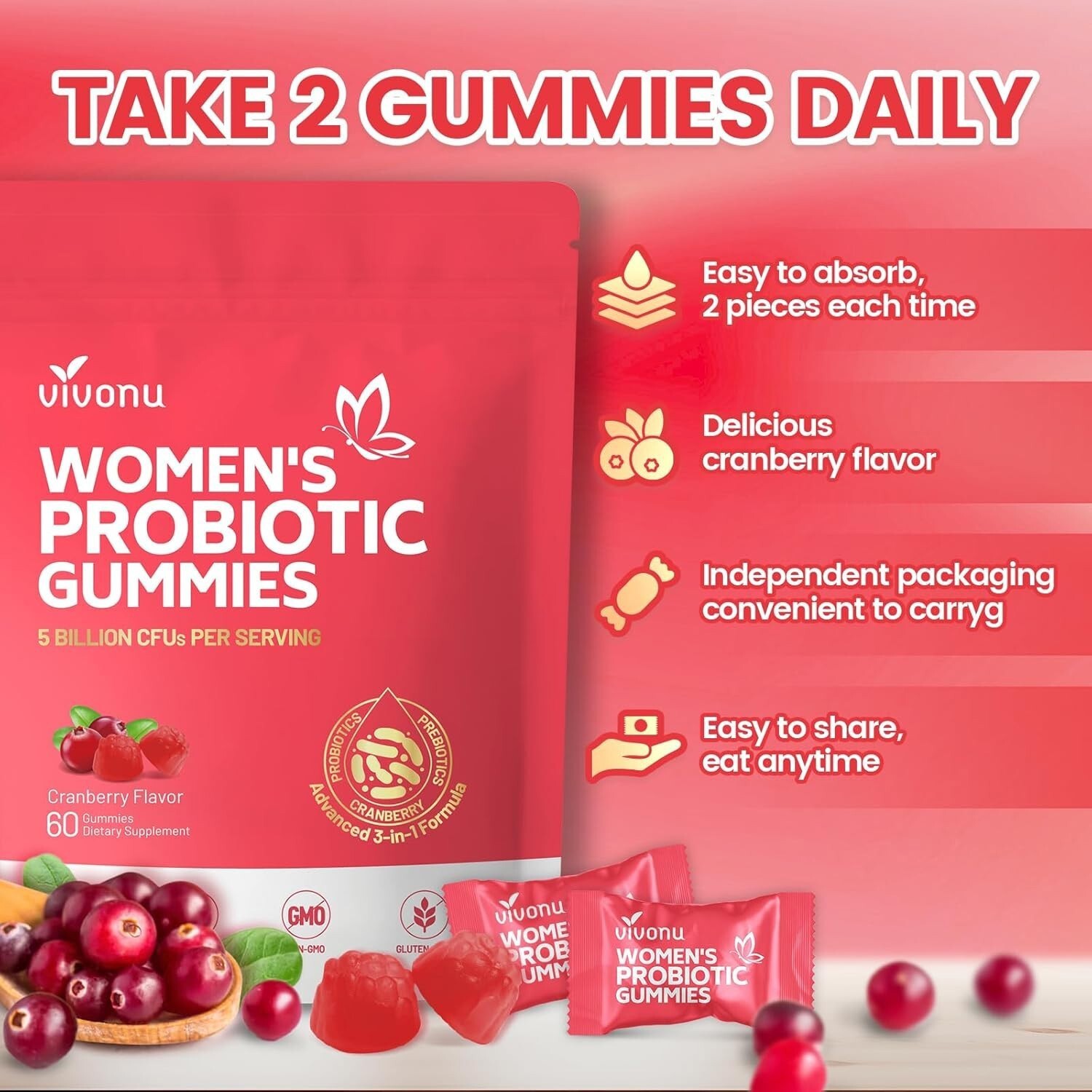 Vaginal Probiotics Designed for Women, Feminine Balance pH Gummies 60pcs/1bag