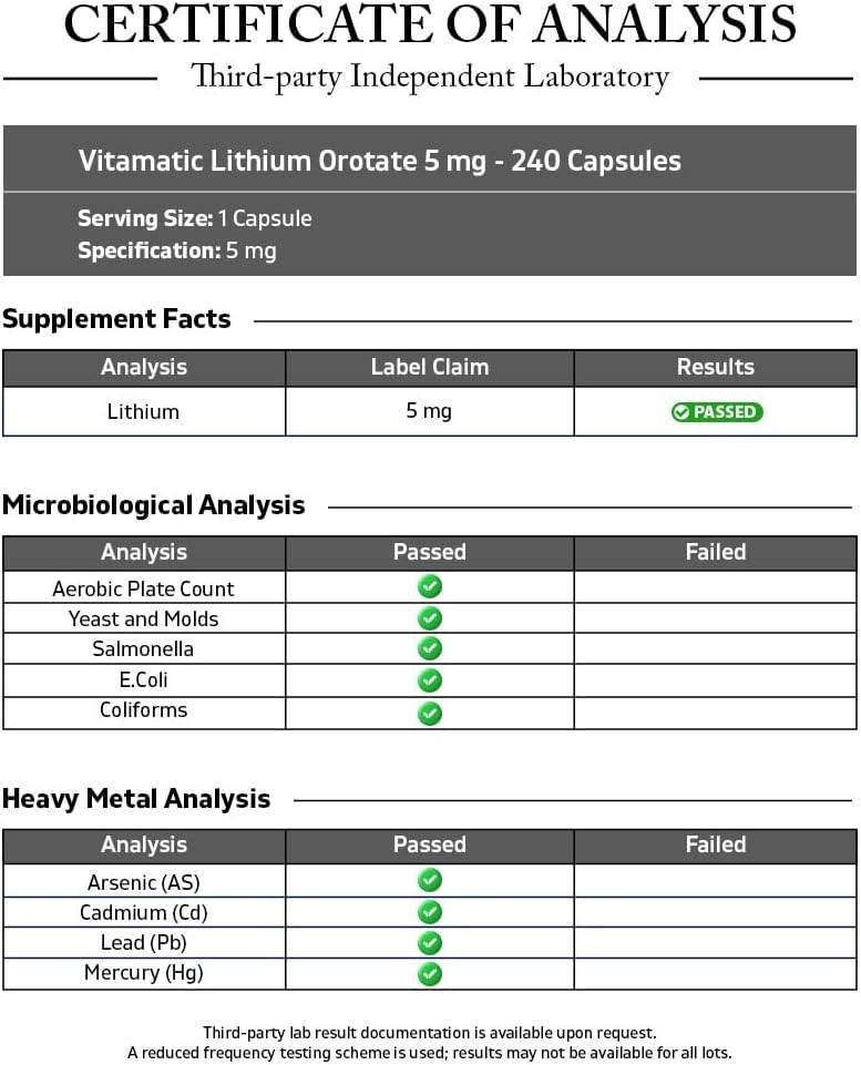 Vitamatic Lithium Orotate 5mg, 240 Veggie Capsules, Non-GMO, Gluten Free.