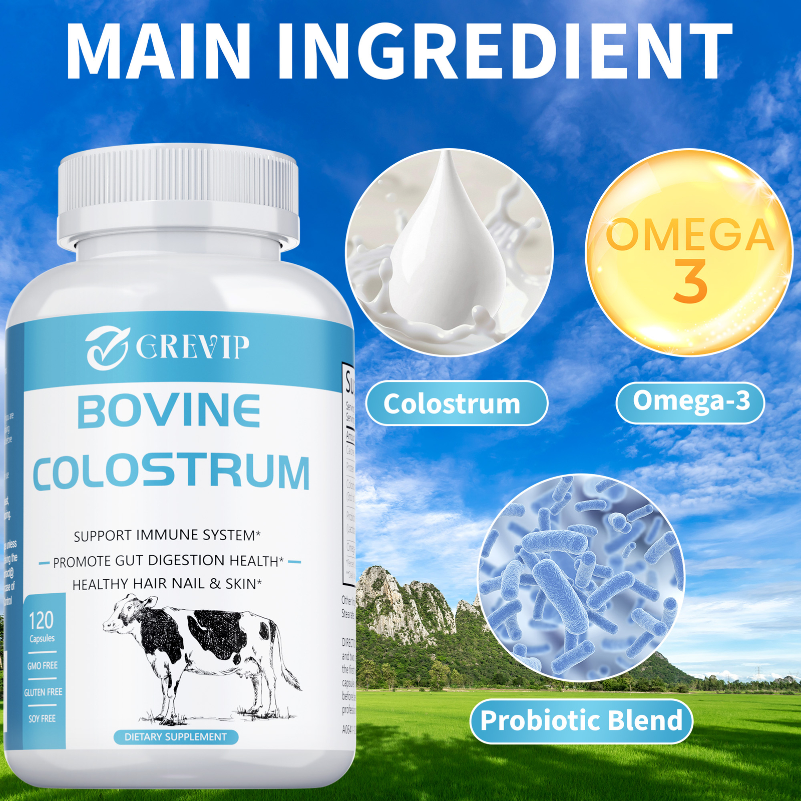 Bovine Colostrum 240pcs -Probiotic, Omega-3 -Immune Beauty Boost Support Non-GMO