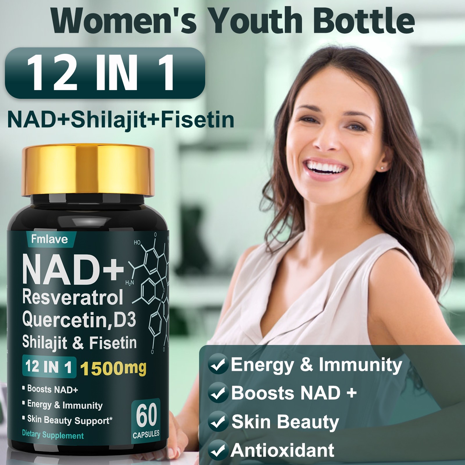 NAD+ Supplement 1500mg with Resveratrol | Cellular Health & Energy | 60 Capsules