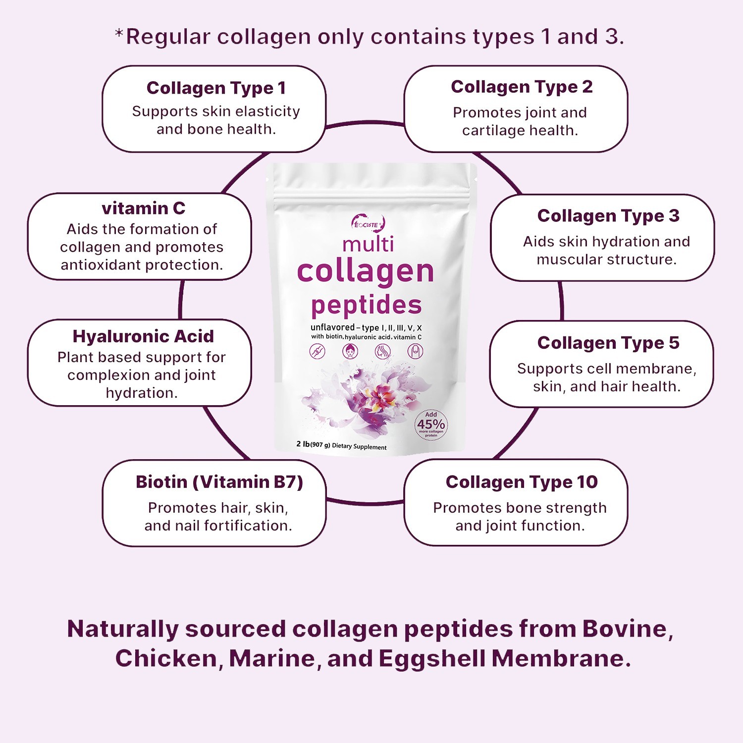 1 lb Multi Collagen Peptides Powder Hydrolyzed Protein Peptide Type I,II,III,V,X