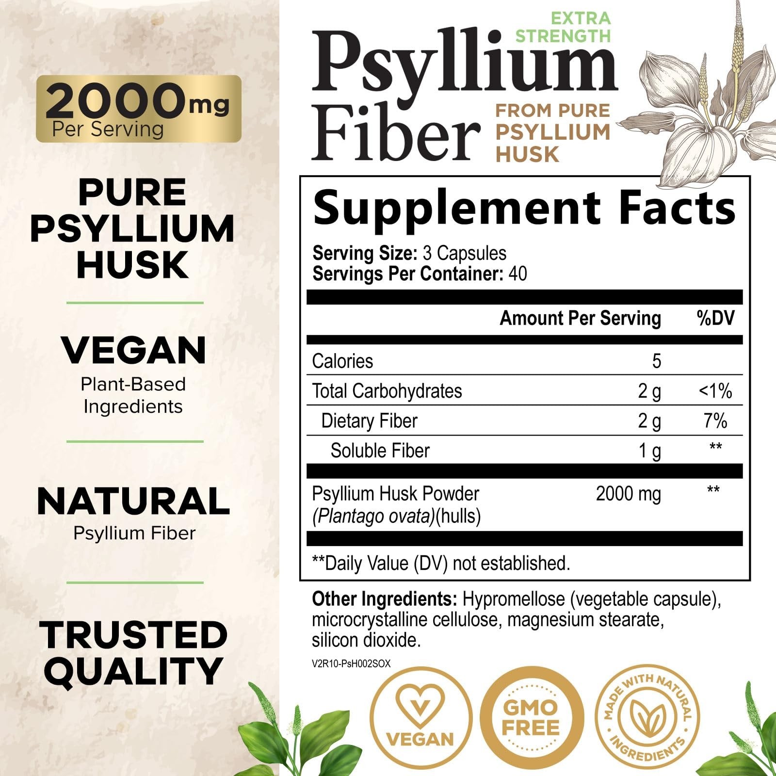 High Absorption Psyllium Husk Capsules 2000mg Daily Fiber Supplement, Psyllium..